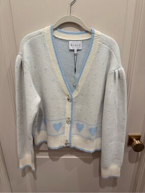 MABLE Cream Cardigan with Light Blue Heart Trim. NWT.